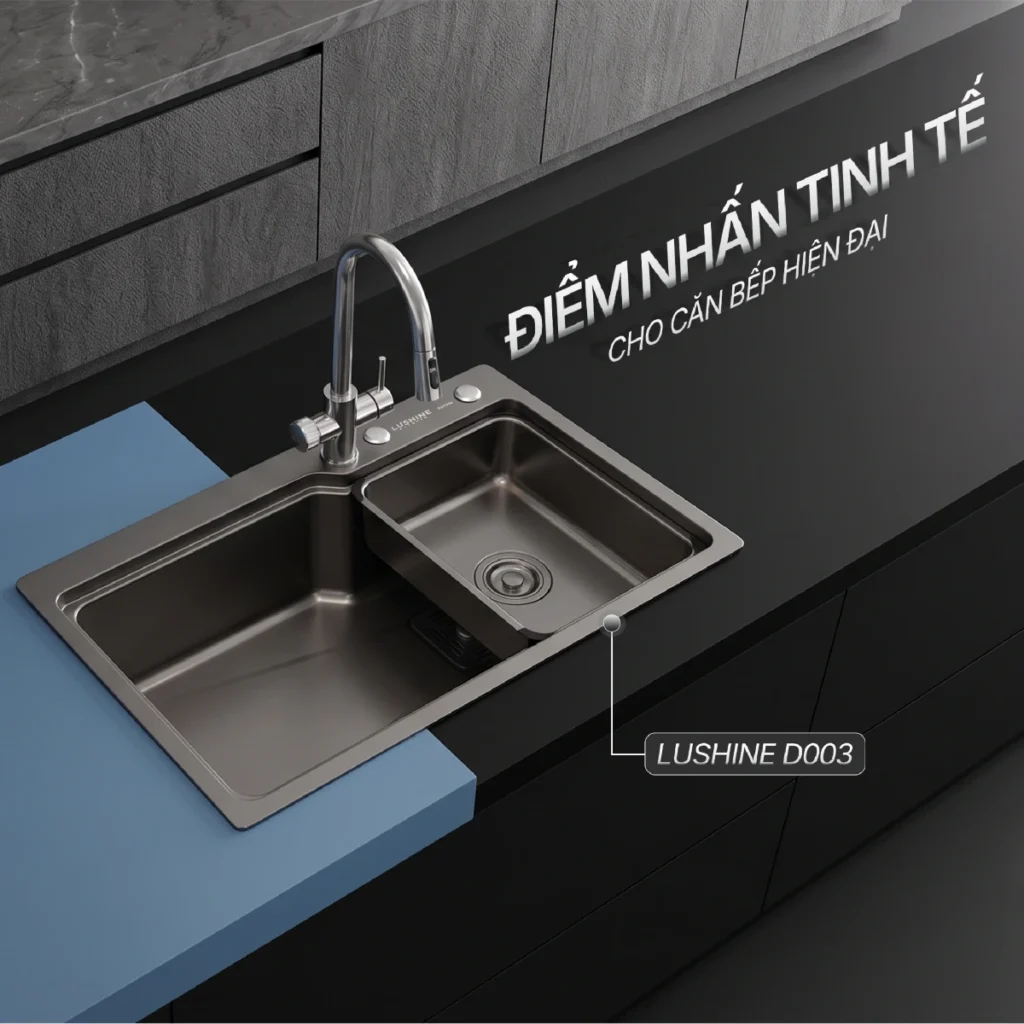Ảnh thực tế của Bộ Chậu Rửa Chén Inox 304 LUSHINE D003 trong không gian bếp