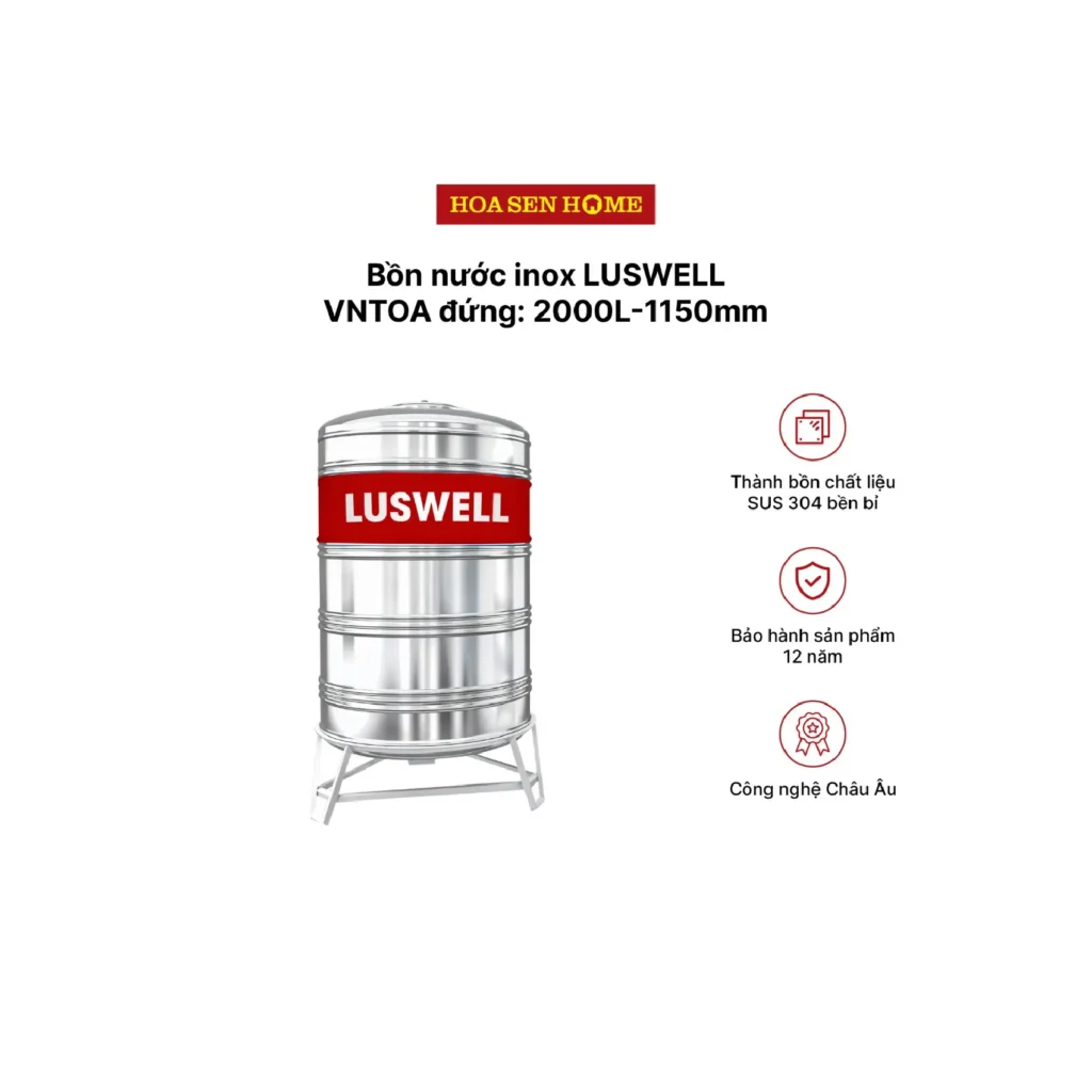 Bộ Bồn Nước INOX LUSWELL VNTOA Đứng 2000L - 1150mm