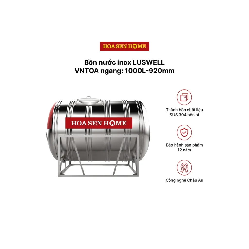 Bộ Bồn Nước INOX LUSWELL VNTOA Ngang 1000L - 920mm – Bồn Nước Inox SUS 304