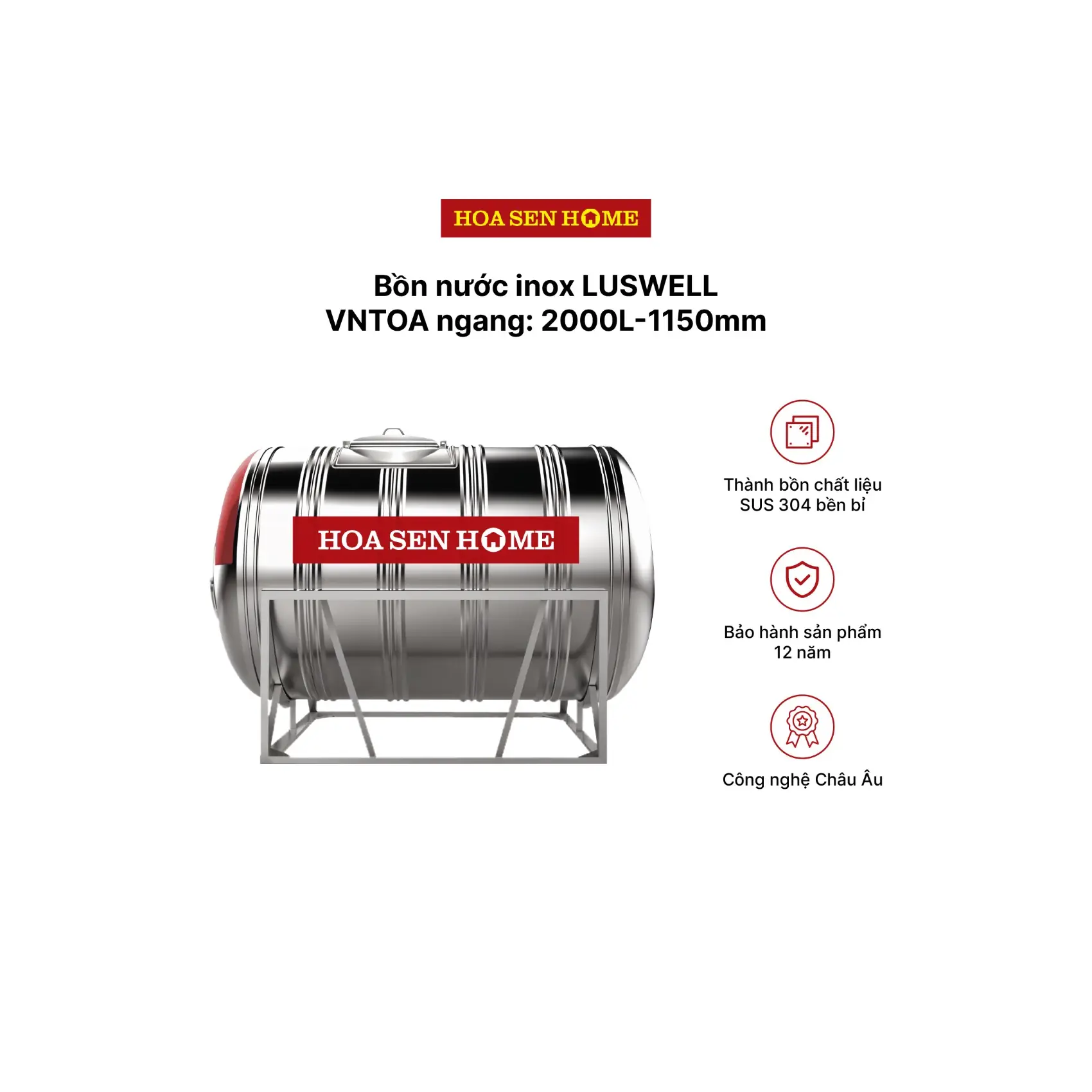 Bộ bồn nước INOX LUSWELL VNTOA ngang: 2000L-1150mm