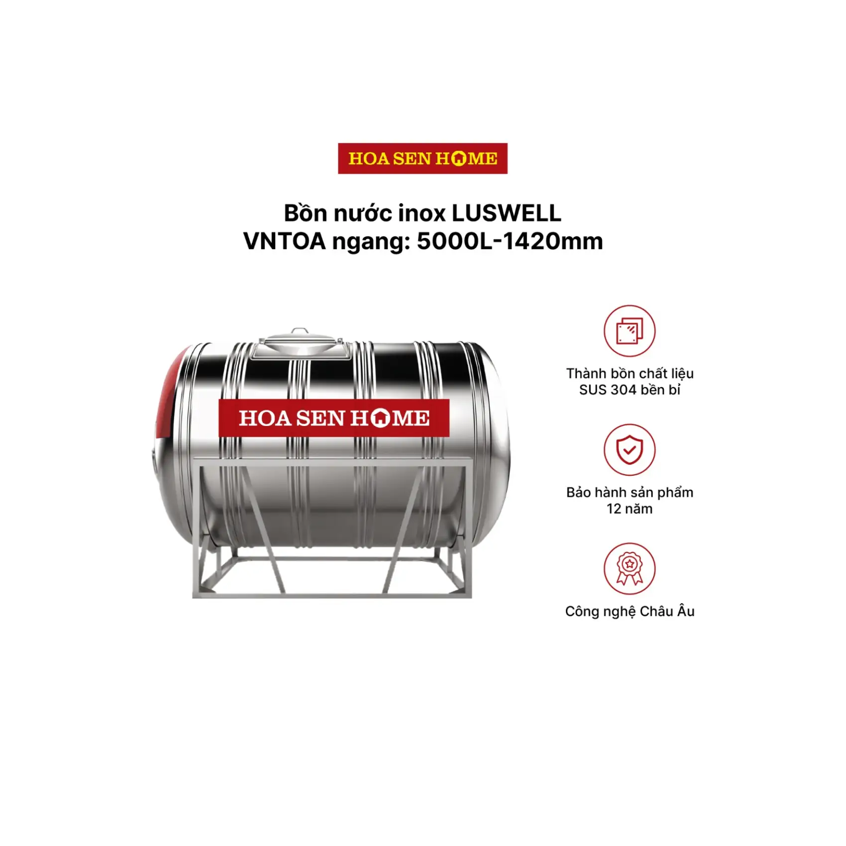 Bộ bồn nước INOX LUSWELL VNTOA ngang: 5000L-1420mm