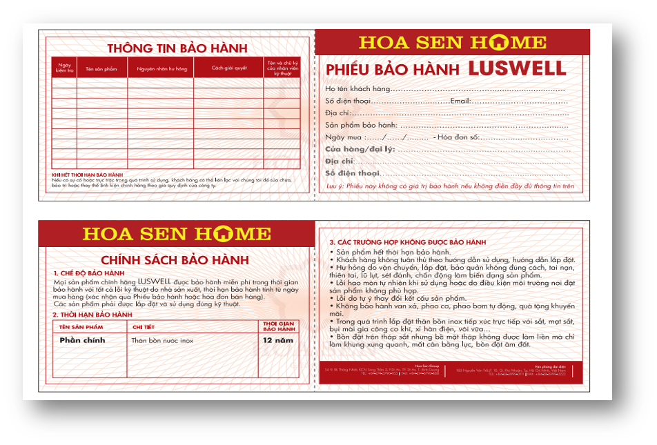 Phiếu bảo hành bộ bồn nước INOX LUSWELL VNTOA ngang 2000L - 1150mm