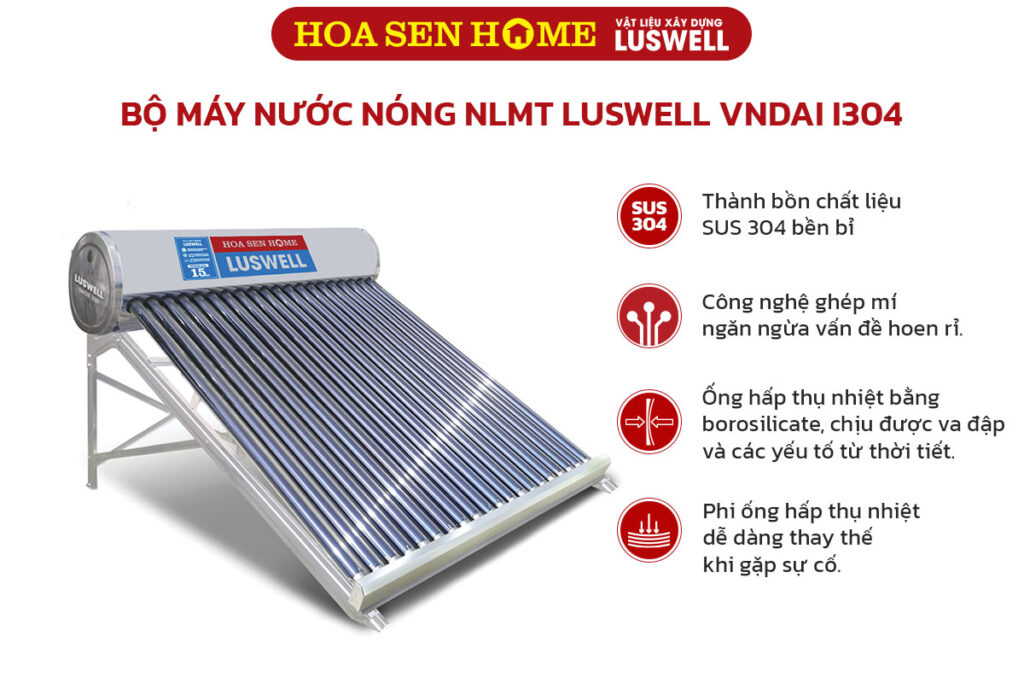 Máy Nước Nóng Năng Lượng Mặt Trời Inox 304 LUSWELL VNDAI 180L - 18 Ống