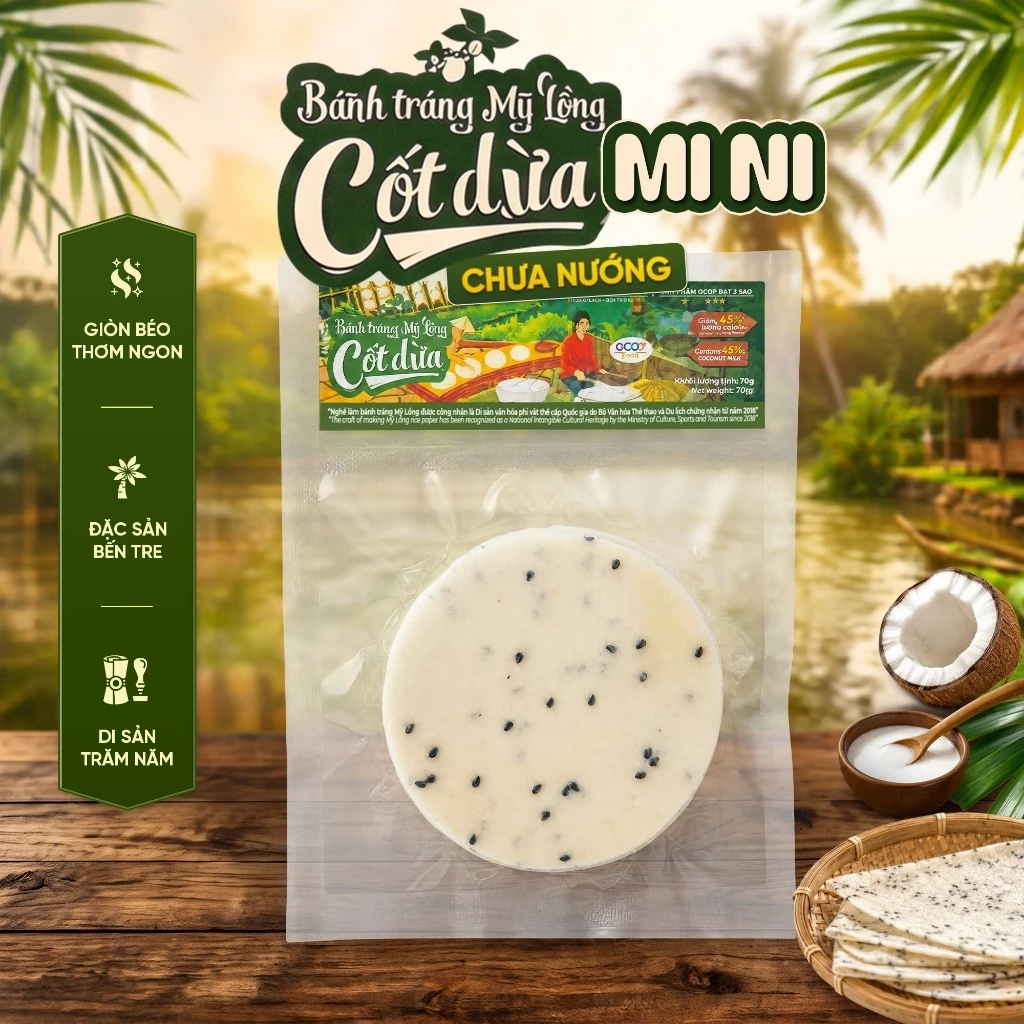 Bánh Tráng Mỹ Lồng Cốt Dừa 70g – Chưa Nướng, Đặc Sản Bến Tre OCOP